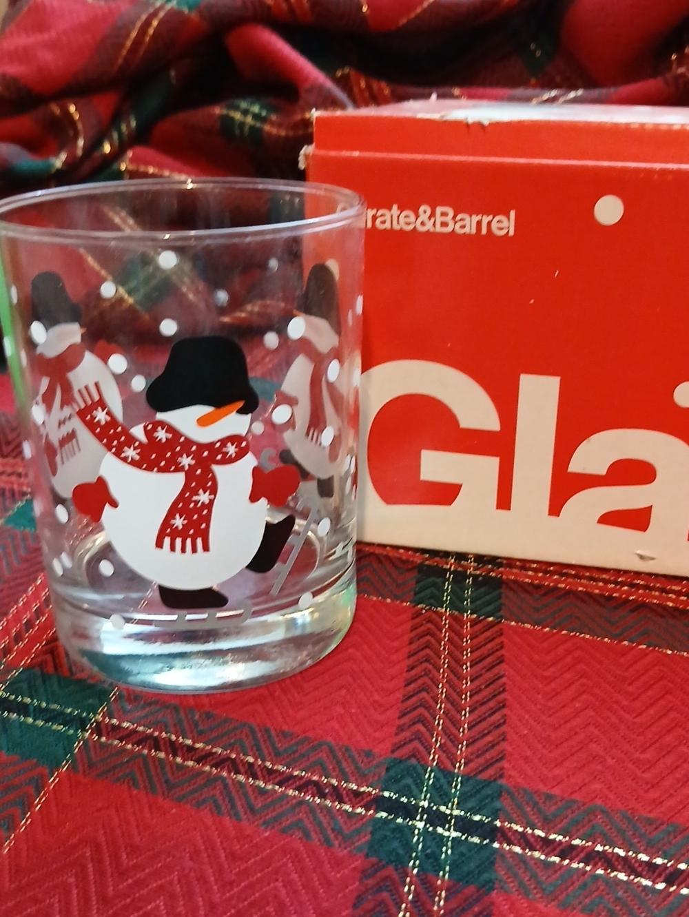 Crate&Barrel Glass Tumbler with Red-Accented Snowman Design
